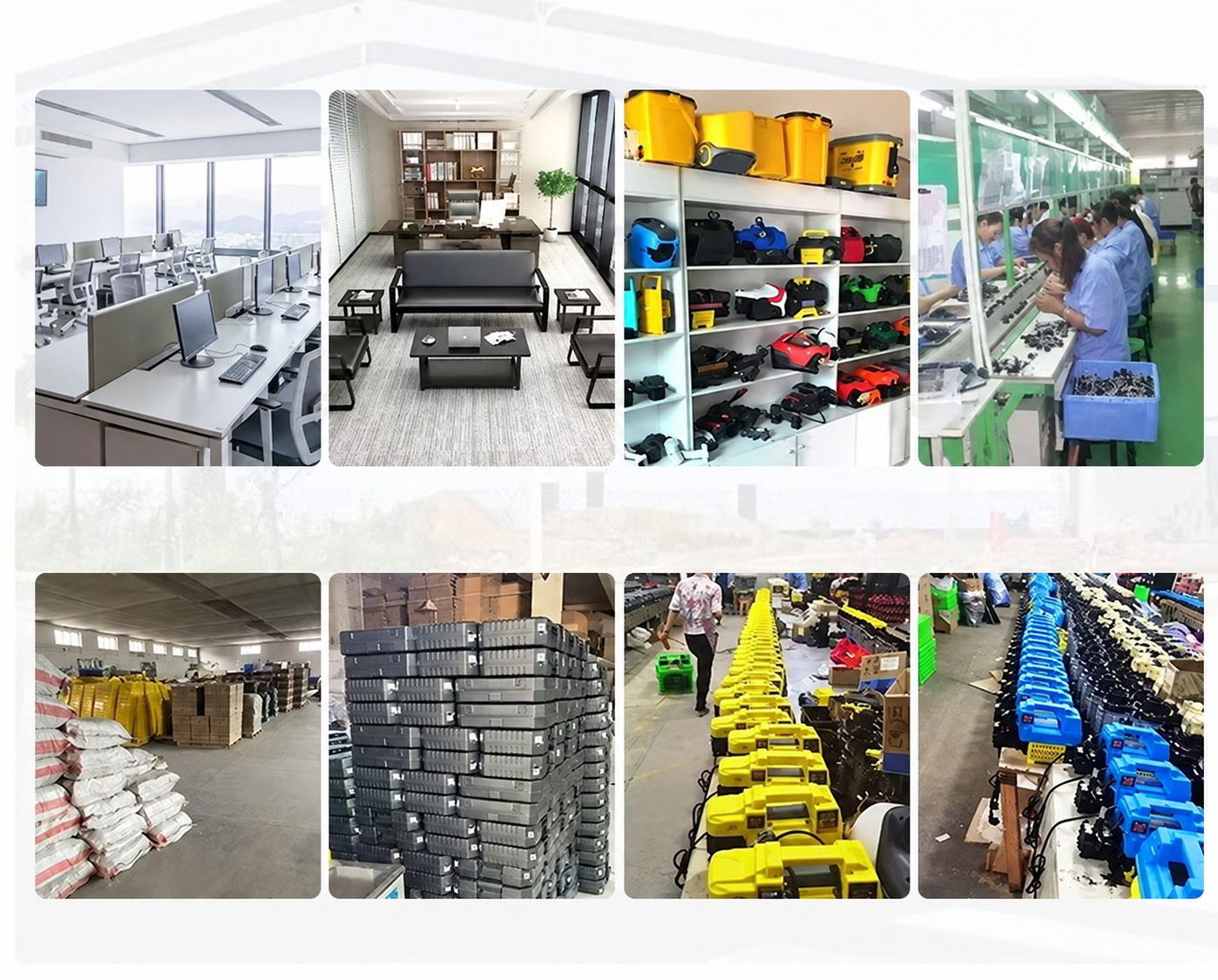 Office, sample room, assembly line and inventory